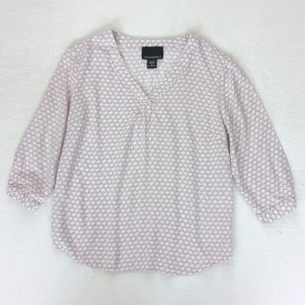 Cynthia Rowley Women's Lavender & Cream Abstract Motif Rayon 3/4 Sleeve Blouse M - Picture 9 of 11